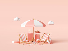 Summer Vacation Concept, Beach Umbrella And Travel Accessories On Pink Background, 3d Illustration