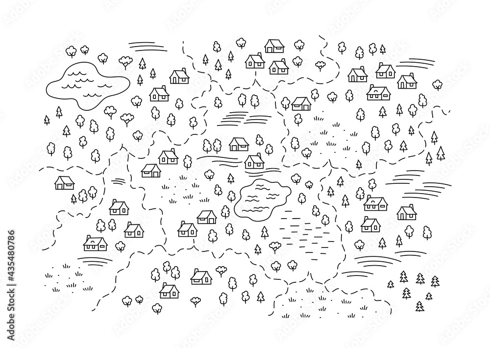 Simple Rural Drawn Map Village locality map. Rural areas. Building and trees. Hand drawn ...