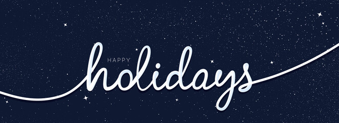Happy holidays continuous line. Night sky with stars pattern. Greeting card with holidays handwriting word. Happy Christmas, New Year banner concept. Hand lettering script with line. Universe vector