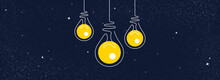 Idea Light Bulbs Icons. Lamp Silhouette On Night Sky Background. Continuous Line Lightbulbs With Yellow Light. Creative Idea Sketch On Universe Stars Background. Handdrawn Electric Bulb. Vector