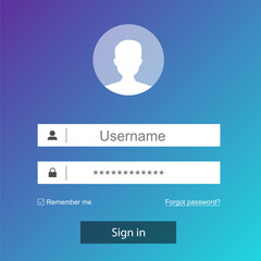 Poster - Login form page on modern background gradient style for website ui elements, online registration, smartphone mockups, app development, user profile, access to account concept. Vector 10 eps