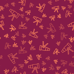 Poster - Brown line Telescope icon isolated seamless pattern on red background. Scientific tool. Education and astronomy element, spyglass and study stars. Vector