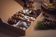 Closeup of the freshly baked various types of sweet and tasty Christmas cookies in a box