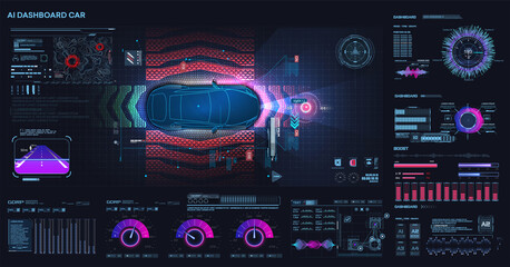 Aufkleber - Accident prevention system. Autonomous vehicle movement. Help the driver while driving. Top view of a self-driving CAR on the road. Futuristic user interface HUD, FUI. Hologram, copy space. Vector