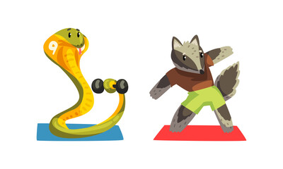 Canvas Print - Cute Animals Wild Animals Doing Sports Set, Snake Exercising with Dumbbell and Raccoon Doing Side Bend Stretch Cartoon Vector Illustration