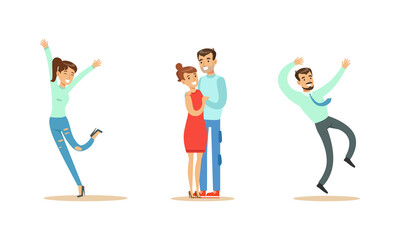 Poster - Happy People Set, Young Man and Woman Wearing Casual Clothes Celebrating Success Cartoon Vector Illustration