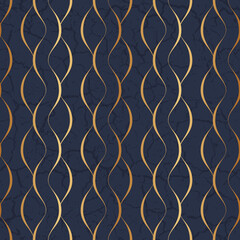 Poster - Marble seamless pattern. Gold wavy line. Golden stripes twist on blue background. Abstract texture foil. Elegant patern. Delicate curved swirl. Design gift wrapper, covers, cases, prints. Vector