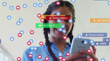 Poster - Animation of social media text on banners with digital icons over woman using smartphone