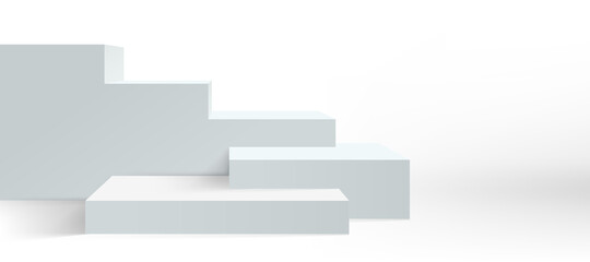 Podium background, vector platform pedestal and product display, white 3d. Stage podium or studio display stand stairs of empty block boxes. Front view stairs stage