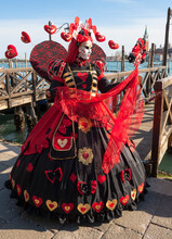 VENICE, ITALY - FEBRAURY 21 2020: Woman In Carnival Constume And Mask On Carnival In Venice In 2020.