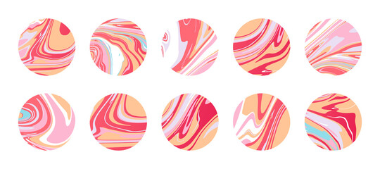 Wall Mural - contemporary round marble icons with texture of liquid marble slab, slice or epoxy in pink. abstract