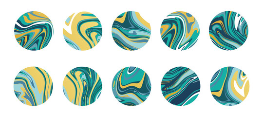 Wall Mural - set of marble circles with texture of liquid marble slab, slice or epoxy in green and yellow colors.