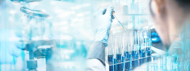 banner background of health care researchers working in life science laboratory, medical science tec