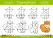 © Betswork - Drawing step by step. Drawing lesson for kids how to draw a cute cat. Children tutorial worksheet. Activity page for book. Vector illustration.