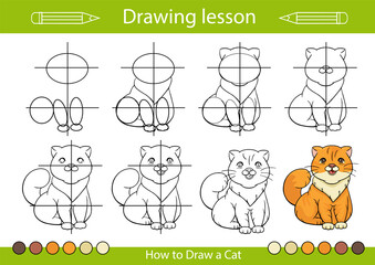 Wall Mural - Drawing step by step. Drawing lesson for kids how to draw a cute cat. Children tutorial worksheet. Activity page for book. Vector illustration.