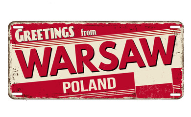 Wall Mural - Greetings from Warsaw vintage rusty metal plate