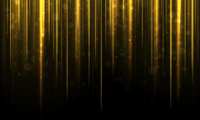 Poster - Garland lights gold glitter hanging vertical lines vector holiday background. Golden rain. Gold dust falls down, flying confetti circle vertical lines. Golden garlands glitter with light effect.