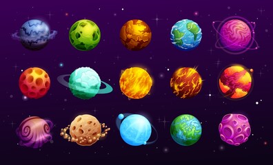 Poster - Cartoon space planets of vector fantasy alien galaxy universe, space game ui or gui. Planets and stars on dark sky with asteroid rings or belts, orbit halo and meteors, magma, craters, rock surfaces