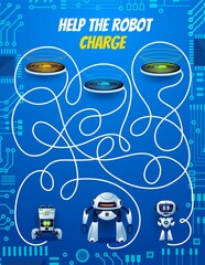 Aufkleber - Kids maze game, help robot charge playing activity for children with find path task. Labyrinth puzzle or riddle with cartoon vector androids searching way to charging station, motherboard track