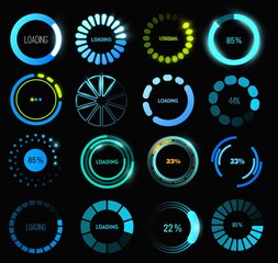 Loading progress or status bar vector icons of HUD user interface design. Futuristic digital interface of head up display with circular bars of download process, data upload, loader percentage diagram