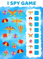 Poster - I spy kids game with vector kites in blue sky. Counting puzzle, logic riddle or maze, education worksheet template with cartoon flying kites and paper toys, find and count kids game or test design