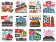 Hong Kong city landmarks icons. Great Buddha on lotus, asian dragon and Hong Kong flag, ferry, cityscape and buddhist temple, Po Lin monastery, pagoda and golden bauhinia, double-decker and peak tram