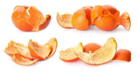 Wall Mural - Tangerine peels on white background, collage. Composting of organic waste