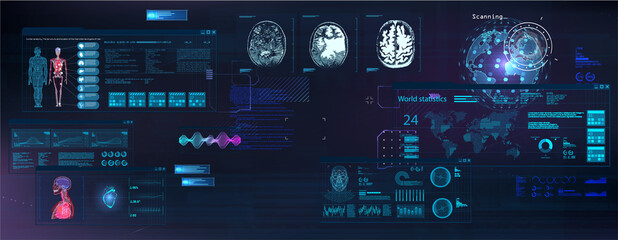 Wall Mural - Sci-fi cyberpunk dashboard with world map, medical data, code, data and graphs and charts. Computer screens in futuristic HUD style. Hacker's desktop. Futuristic User Interface and HUD screens. Vector