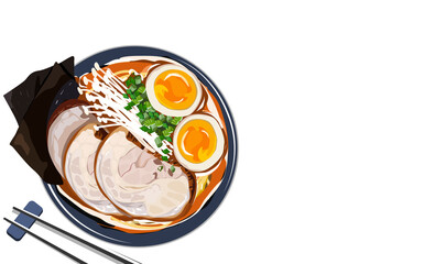 Top view pork ramen with boiled egg and seaweed. Isolated bowl of pork ramen and chopsticks on white background. Close up drawing vector illustration. Anime Japanese food. 