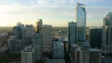 Skyscrapers In Downtown Charlotte, North Carolina At Sunrise. Drone Dolly In