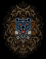 Wall Mural - illustration angry wolf and skull head with antique ornament