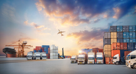 Wall Mural - Container truck in ship port for business Logistics and transportation of Container Cargo ship and Cargo plane with working crane bridge in shipyard, logistic import export concept