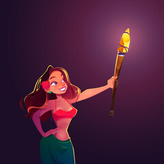 Young woman holding lighting torch, night party on tropical island resort. Girl with red flower in hair, long skirt and red bra relaxing, Hawaiian holiday celebration, Cartoon vector illustration