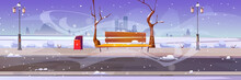 Winter City Park With Wooden Bench, Bare Trees, Blizzard And Snowdrifts Around, Lanterns, Bin And Town Buildings Skyline. Urban Empty Public Garden Landscape, Snow Fall Under Dull Sky Vector Cartoon