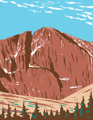 WPA Poster Art of Longs Peak in the northern Front Range of the Rockies or Rocky Mountains within the Rocky Mountain National Park Wilderness in Colorado done in works project administration style.