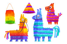 Mexican Pinatas Donkey And Llama, Colorful Toys With Treats For Child Birthday, Party Celebration, Carnival Or Fiesta, Cute Animals Paper Containers For Candies, Cartoon Vector Illustration, Icons Set
