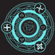 light blue magic incantation circle with fantasy alphabets spell (named Fotonth) contain four elemental alchemist symbol (earth water wind fire) and sign of sun moon and star on black background