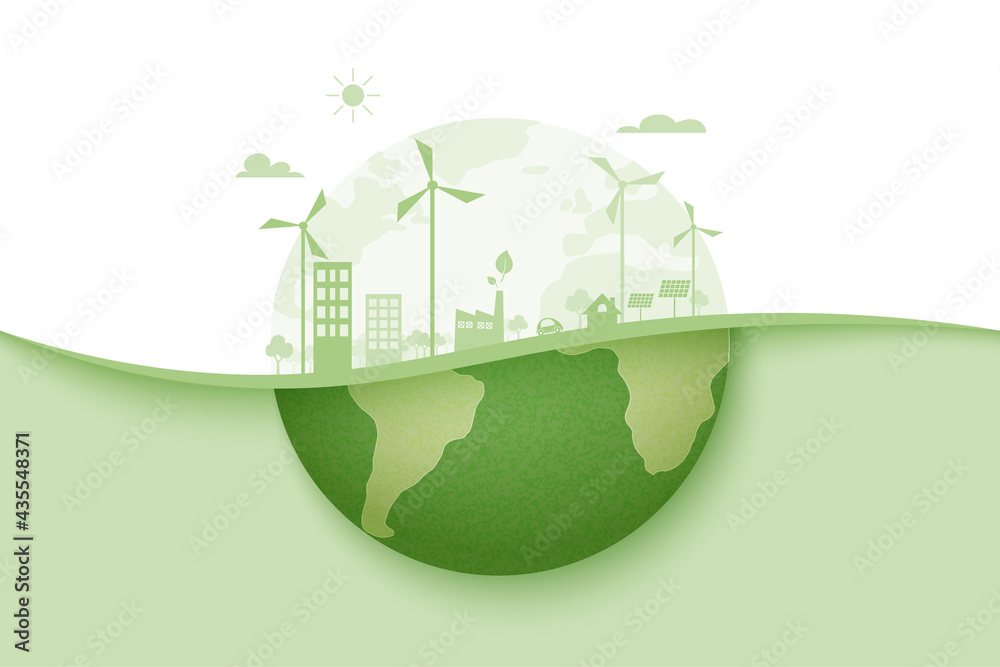 Green energy and eco city background.Ecology and Environment conservation resource sustainable concept.Vector illustration. - obrazy, fototapety, plakaty 