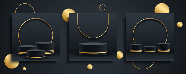Round podium, platform or pedestal set. 3d cylinder exhibit displays. Luxury backgrounds for product presentation. Black and gold. Vector illustration.