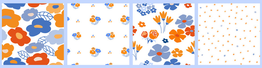 Wall Mural - Cute seamless pattern with small bright bouquets, large flowers, leaves and hand-drawn dots. Summer design for printing, wallpaper, textiles, postcards. Vector graphics.
