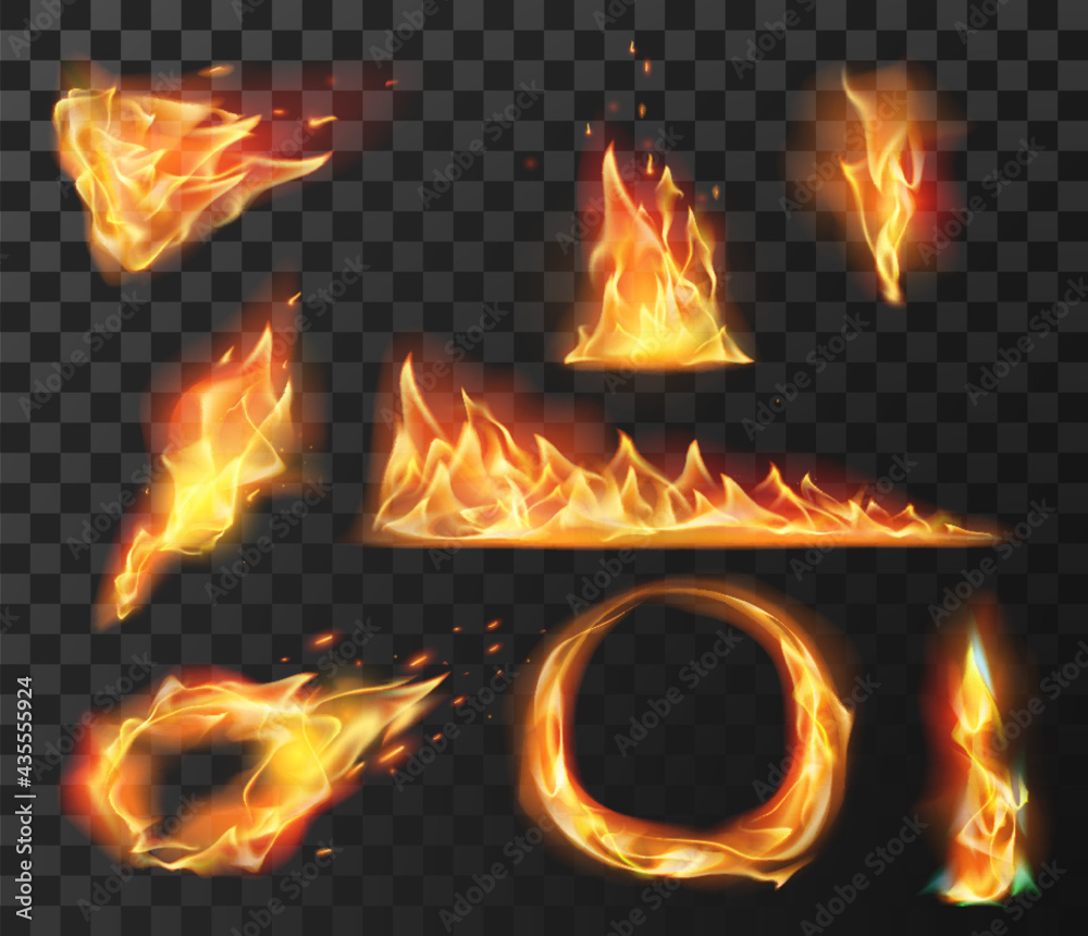 Realistic fire flame elements. Burning effects of fireball, circle, torch and wildfire. Flare blazing flames with bright sparks vector set - obrazy, fototapety, plakaty 