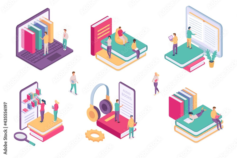 Isometric online library. Ebook dictionary digital archive for student. School book on phone or computer. Web literature learning vector set - obrazy, fototapety, plakaty 