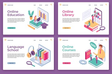 Poster - online education landing pages. isometric distance learning, home study, web library, language schoo