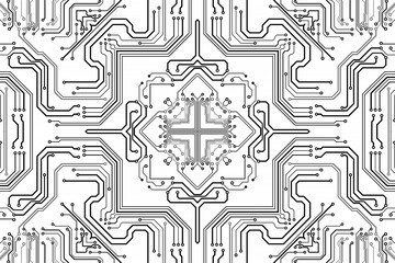 Wall Mural - Electronics chip board. Printed circuit board electronic high-tech model, digital technology. Illustration abstract computer chip. Black monochrome microchip, isolate on white background