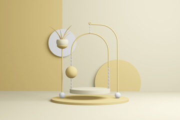 Poster - Abstract yellow product podium. Pastel light beige whiteboard presentation copy space, minimal geometric shapes. 3D rendering