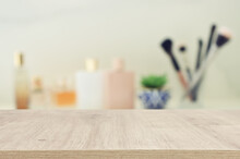 Empty Table Board And Defocused Vintage Woman Toilet Desk Background. Product Display Concept