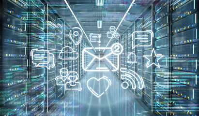 Poster - Multiumedia icons in a Server room data center - 3d rendering