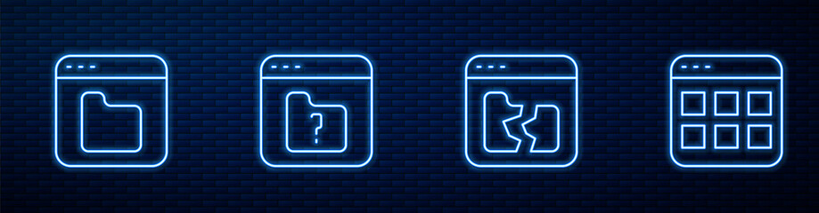 Aufkleber - Set line Broken file, Browser files, File missing and . Glowing neon icon on brick wall. Vector