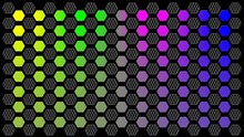 Grid Structure Of Mixed Honeycomb Elements In Carbon Design And In Rainbow Colors On Black Background - 3D Illustration