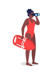 Poster - Lifeguard looking in binoculars flat color vector faceless character. African american woman in swimsuit. Summer beach safety service isolated cartoon illustration for web graphic design and animation